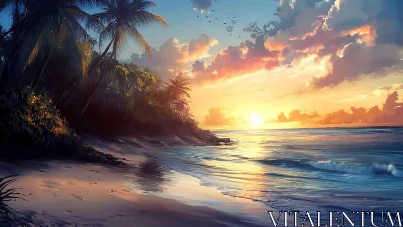 Tropical shoreline with palm trees under coastal sunset sky.