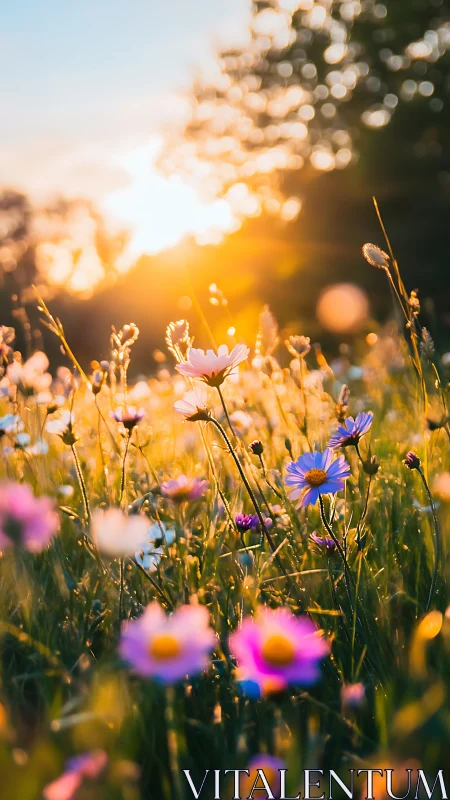 Wildflower meadow in golden hour sunlight.