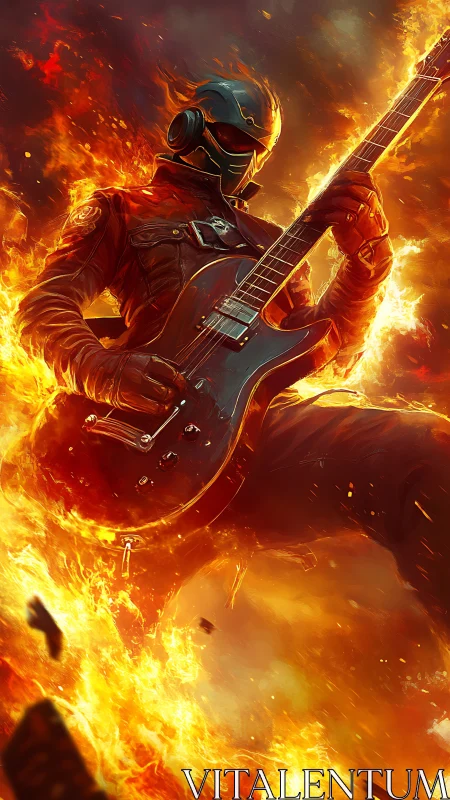 Helmeted rock guitarist engulfed in dynamic inferno flames.