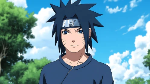 Anime boy in blue jacket stares ahead under bright sky