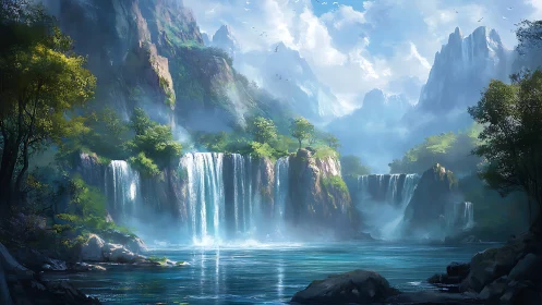 Layered alpine waterfalls cascade into misty turquoise basin