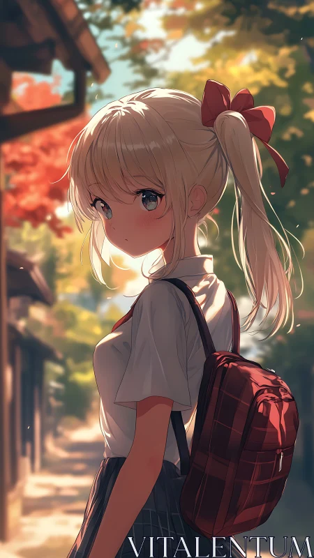 Sunlit schoolgirl pauses as autumn streets quietly shimmer