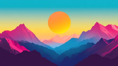 Layered mountain silhouettes under large sun disc.