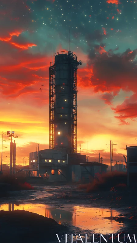 Concept art of industrial launch tower at neon sunset sky.