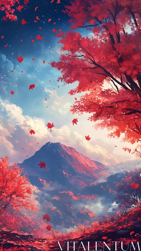 Autumn mountain valley under twilight sky with drifting maple leaves.