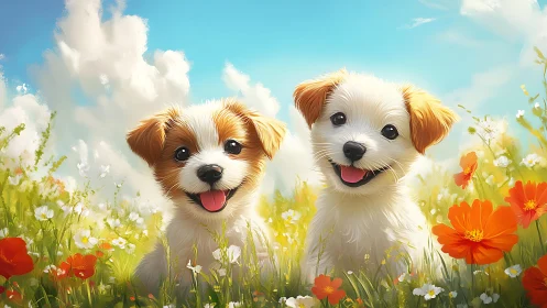 Dual puppy portrait in luminant floral meadow illumination.