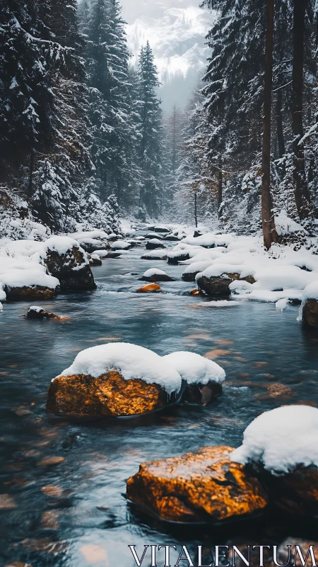 Snowy river stones lead toward distant alpine forest valley
