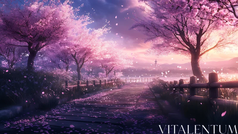 Sunset cherry blossom path glows with drifting petals
