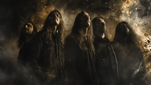 Metal band stands in fiery cosmic haze with intense resolve