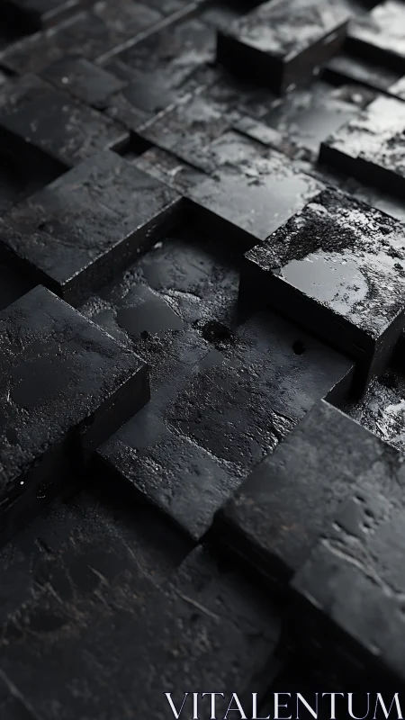 Textured black metal blocks form staggered industrial surface