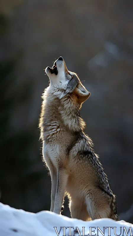 Backlit gray wolf howling on snowy ridge in winter forest.