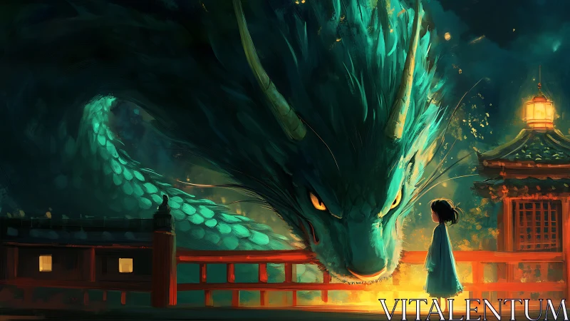 Lantern bridge pact between storm-scale dragon and small girl.