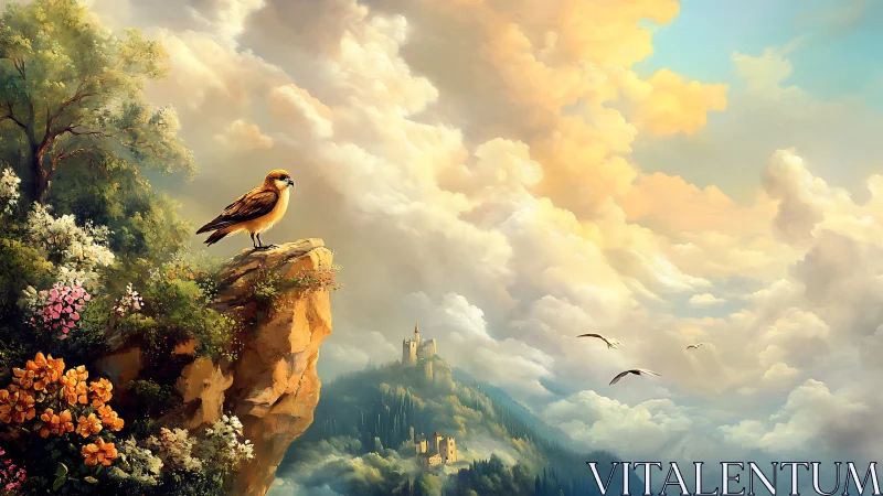 Skywatching falcon over blooming cliffs and distant castle.