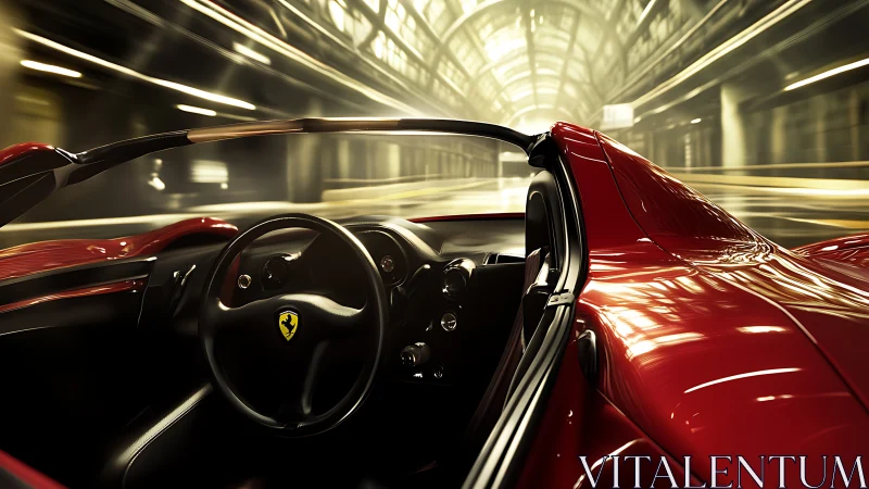 Red luxury roadster interior racing through tunnel scene.