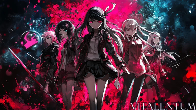 Crimson-shadowed anime squad strides through electric chaos.