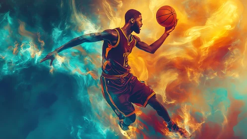 Basketball guard drives through vivid fire and ice clouds.