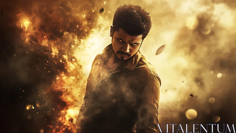 Brooding action hero emerges from blazing golden chaos