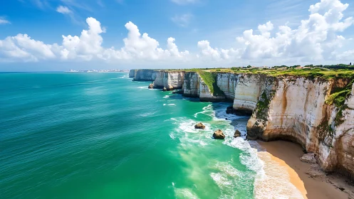 Emerald waves crash below bright white seaside cliffs.