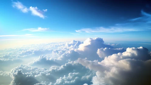 Sunlit cumulus sea beneath expansive cerulean sky.