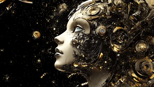 Cybernetic woman gazes through gilded mechanical cosmos.