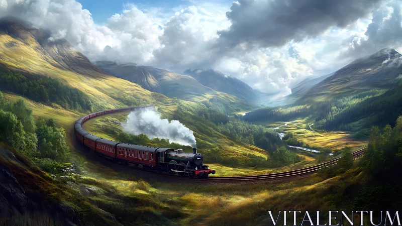 Steam locomotive on sweeping mountain curve under dramatic sky