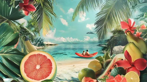 Tropical Beach Scene with Fruit and Flora Framing.