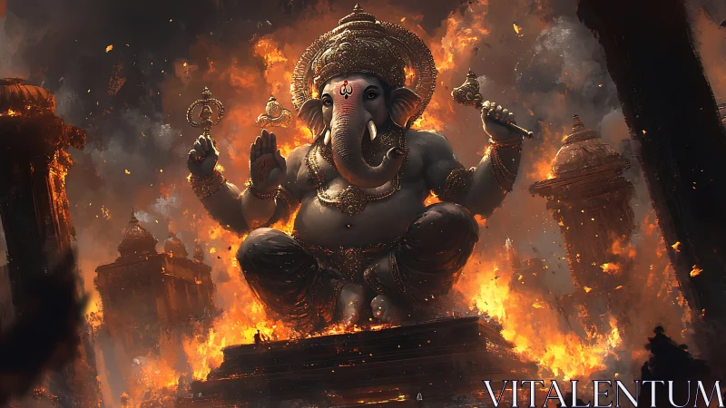 Ganesha statue sits amid burning temple ruins and smoke