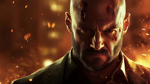 Scarred bald man stands in blazing cinematic firestorm