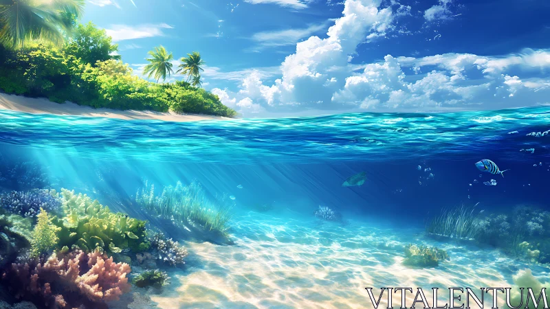 Sunlit coral gardens daydream beneath an island’s bright surf