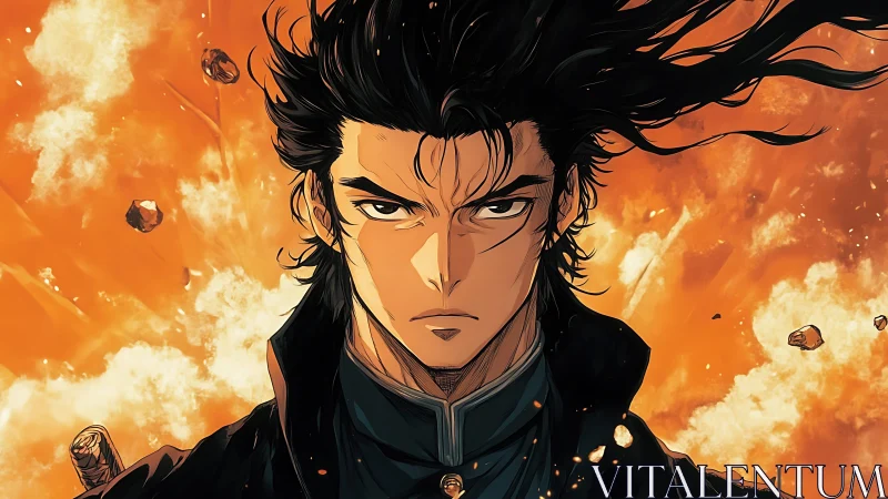 Intense anime swordsman stands against explosive orange sky