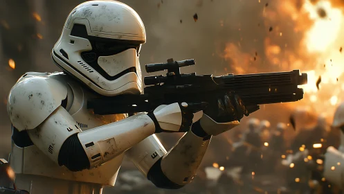 Armored futuristic soldier aims rifle amid fiery battlefield