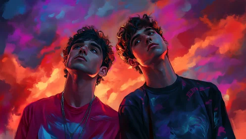 Twin daydreamers drifting beneath a neon-soaked sunset sky.