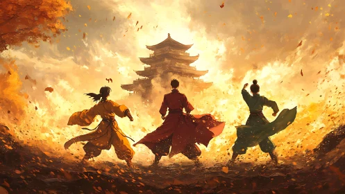 Three warriors ignite autumn winds before a blazing temple