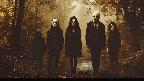 Masked figures in eerie forest pathway with autumn fog.