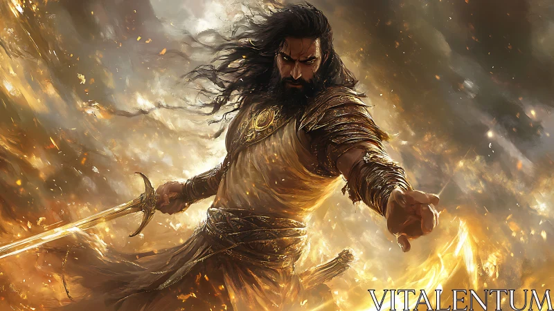 Fiery warrior commands incandescent blade in golden storm.