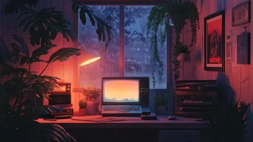Retro computer workstation under neon dusk bicolor lighting.