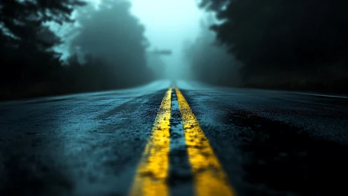 Rain-soaked yellow road lines fade into misty twilight.