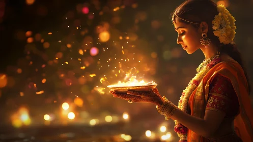 Woman holds glowing diya during night festival ritual