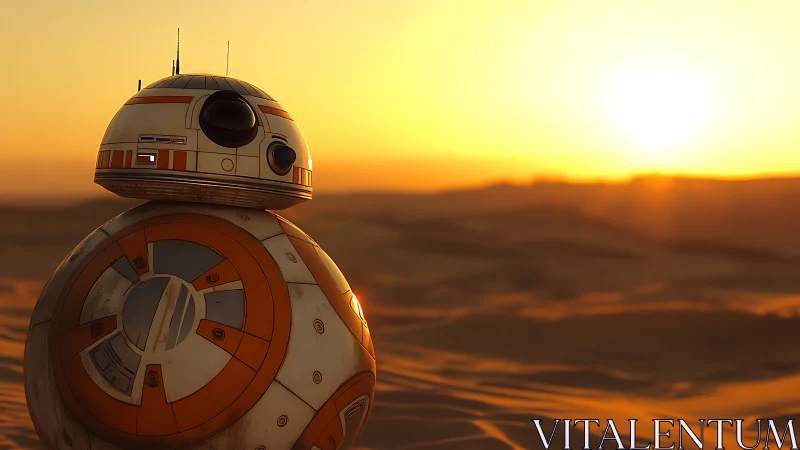 Sunset-warmed desert droid gazes toward glowing horizons