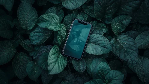 Smartphone rests on deep green foliage in soft shadow.