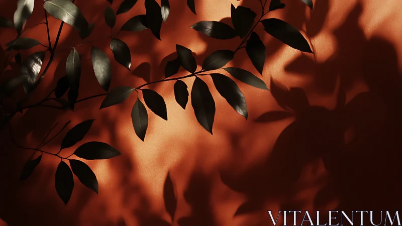 Leaf silhouettes cast warm shadows on burnt orange wall