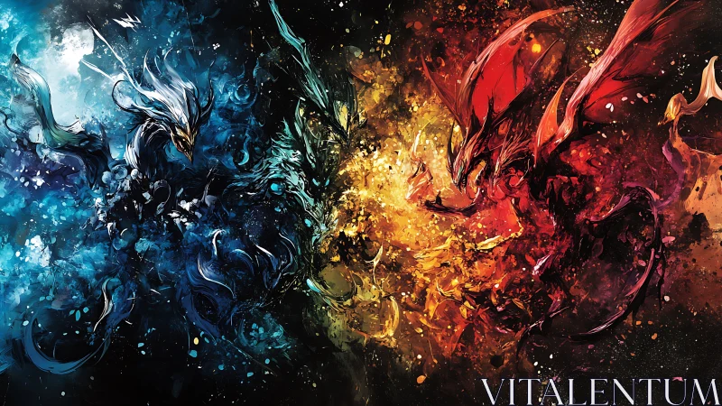 Elemental dragon spirits clash in a storm of fire and ice