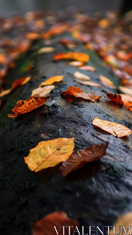 Wet forest log with scattered orange and yellow leaves.