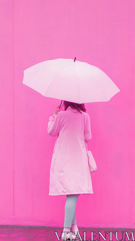 Woman with umbrella against solid pink minimalist wall.