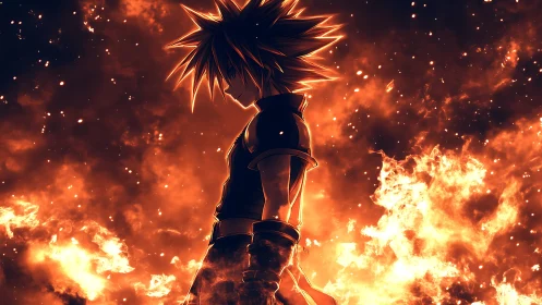 Fiery anime warrior in glowing silhouette amid blazing inferno.