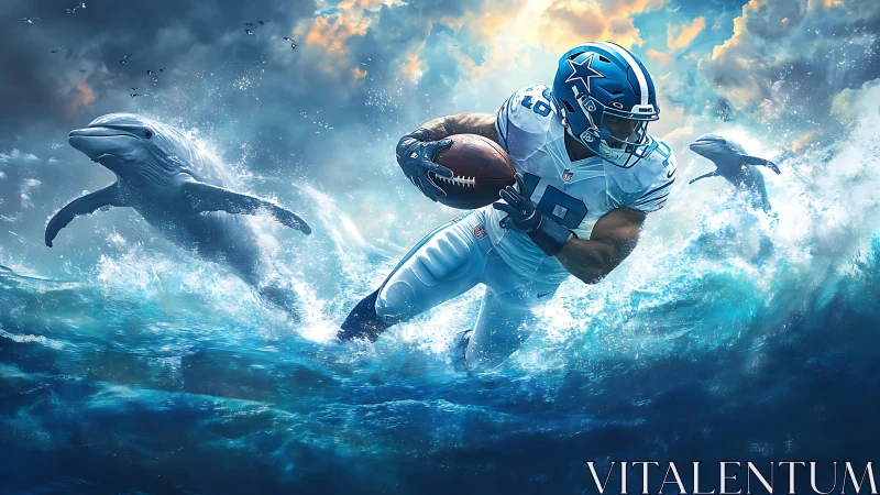 Gridiron runner charging through ocean waves with dolphins.