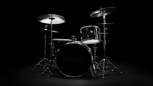 Drum kit stands in dramatic lighting against deep black background.