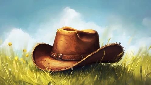 Weathered leather cowboy hat resting in sunlit meadow