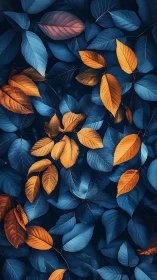Orange and blue leaves in dense overlapping foliage pattern.