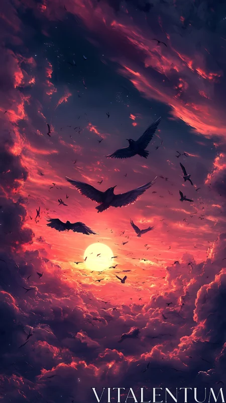 Silhouetted birds crossing vivid sunset cloud formations.
